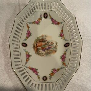 Vintage Reticulated Elegant Floral Porcelain with Gold Trim Serving Dish